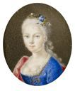 Oval miniature, representing a young woman, probably member of the royal family, with powdered hair and blue dress.