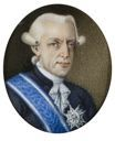 Oval miniature, representing a gentleman with powdered hair, overall decoration and blue band on a black dress coat.