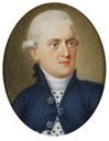 Oval miniature, representing a gentleman with powdered hair and blue dress coat.