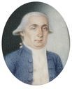 Oval miniature, representing a gentleman with powdered hair, blue dress coat and white collar.