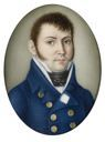 Oval miniature, representing a gentleman with blue dress coat and gold buttons.