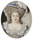 Oval miniature, representing a lady with ample wig adorned with jewels and feathers.