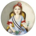 Circular miniature, representing a girl seated in an armchair, holding flowers in her hands (probably an infanta).