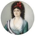 Circular miniature, representing Queen María Luisa de Parma, frontally, with green dress and red ribbon in her hair.