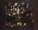 Still Life with Flowers, Peaches, and Red Plums