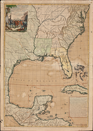 Louis Brion de la Tour, Suite du Theatre de la Guerre dans l’Amérique Septentrionale y Compris le Golfe du Mexique (Paris, 1782). This map displays the seat of war in North America during the American Revolution, including the operations of the Spanish fleet under Bernardo de Galvez. As a result of Spain’s naval victories over the British, Florida was ceded to Spain after the Treaty of Paris in 1783. DeGolyer Library, SMU. Photography by Dimitris Skliris.