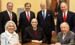 First row L to R: Linda P. Custard, SMU Trustee Emerita and Chair, Meadows Museum Advisory Council; Mark A. Roglán, Linda P. and William A. Custard Director of the Meadows Museum and Centennial Chair in Meadows School of the Arts; William A. Custard. Second row L to R: Peter Miller, President and CEO, The Meadows Foundation; R. Gerald Turner, President, SMU; Samuel S. Holland, Meadows School of the Arts Dean, SMU; Brad E. Cheves, Vice President for Development and External Affairs, SMU. Photo courtesy of Southern Methodist University, Kim Leeson