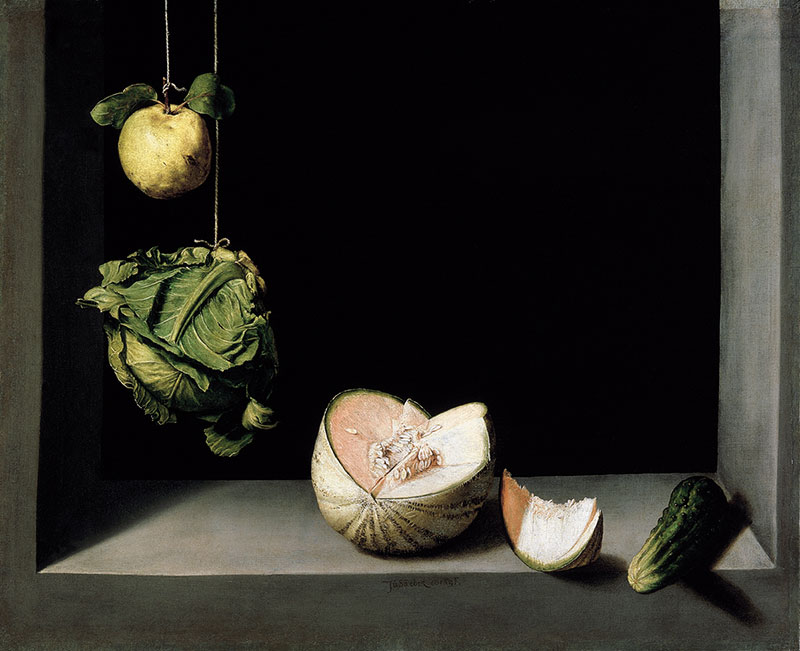 Juan Sánchez Cotán (Spanish, 1560–1627); Still Life with Quince, Cabbage, Melon, and Cucumber; c. 1602. Oil on canvas, 27 1/8 x 33 1/4 in. (68.9 x 84.5 cm). The San Diego Museum of Art, gift of Anne R. and Amy Putnam, 1945.43. Photo by Matthew Meier.
