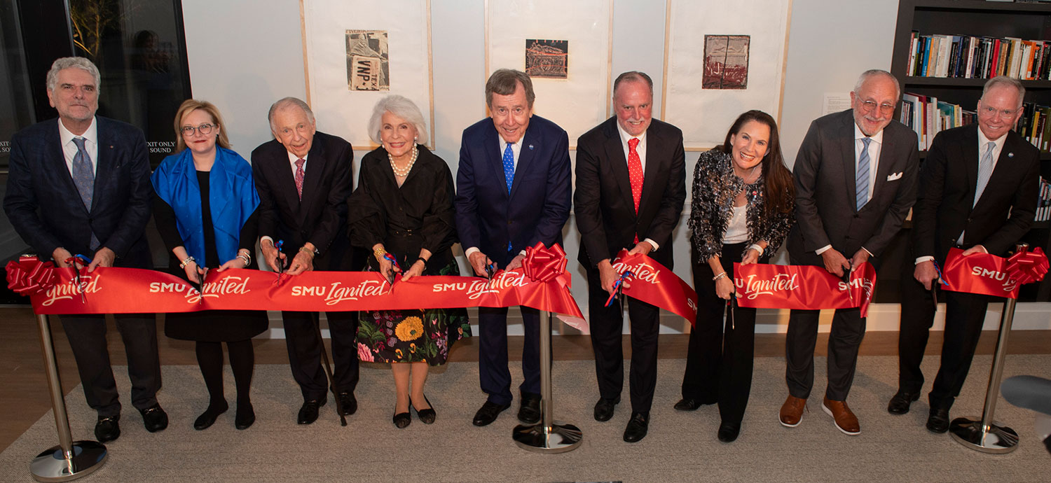 SMU leaders cutting the ribbon for the new facility for the Meadows Museum’s Custard Institute for Spanish Art and Culture, October 4, 2023. L to R: P. Gregory Warden – Mark A. Roglán Director of the Custard Institute for Spanish Art and Culture, Meadows Museum, SMU; Amanda W. Dotseth – Linda P. and William A. Custard Director of the Meadows Museum and Centennial Chair in the Meadows School of Arts, SMU; William A. Custard; Linda P. Custard – SMU Trustee Emerita and chair, Meadows Museum Advisory Council; R. Gerald Turner – President, SMU; Peter M. Miller – President & CEO, The Meadows Foundation; Elizabeth G. Loboa – Provost, SMU; Samuel S. Holland – Algur H. Meadows Dean of the Meadows School of the Arts, SMU; Brad Cheves – Vice President for Development and External Affairs, SMU. Photo by Hillsman Jackson.
