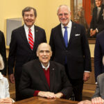 First row L to R: Linda P. Custard, SMU Trustee Emerita and Chair, Meadows Museum Advisory Council; Mark A. Roglán, Linda P. and William A. Custard Director of the Meadows Museum and Centennial Chair in Meadows School of the Arts; William A. Custard. Second row L to R: Peter Miller, President and CEO, The Meadows Foundation; R. Gerald Turner, President, SMU; Samuel S. Holland, Meadows School of the Arts Dean, SMU; Brad E. Cheves, Vice President for Development and External Affairs, SMU. Photo courtesy of Southern Methodist University, Kim Leeson.