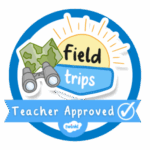 Field Trips Teacher Approved badge icon with illustrations of a sun, binoculars, and map draw