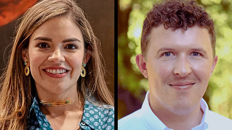 A young white woman with light brown hair and brown eyes and a young white man with short curly brown hair wearing a blue shirt.