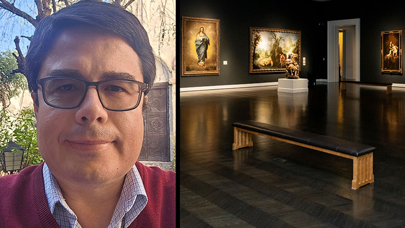 Pablo Mijangos y Gonzalez: Middle aged hispanic male with short black hair and black framed glasses wearing a red sweater and checked shirt