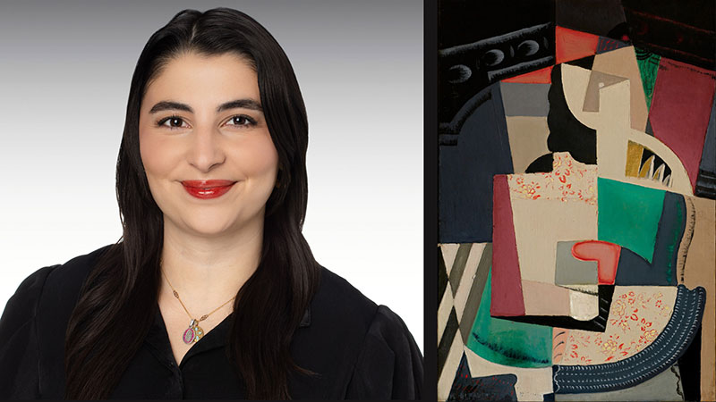 Sofia Penny: young dark haired woman dressed in black next to a cubist painting