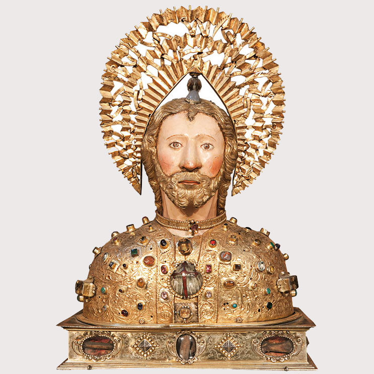 Attributed to Rodrigo Eans, Reliquary Bust of Santiago Alfeo, 1332. Gilt silver, precious stones, enamels, and polychromy, 29 1/8 x 20 1/8 × 11 3/4 in. (74 x 51 x 30 cm). Photo: © Fundación Catedral de Santiago. Attributed to Rodrigo Eans, Reliquary Bust of Santiago Alfeo, 1332. Gilt silver, precious stones, enamels, and polychromy, 29 1/8 x 20 1/8 × 11 3/4 in. (74 x 51 x 30 cm). Photo: © Fundación Catedral de Santiago.
