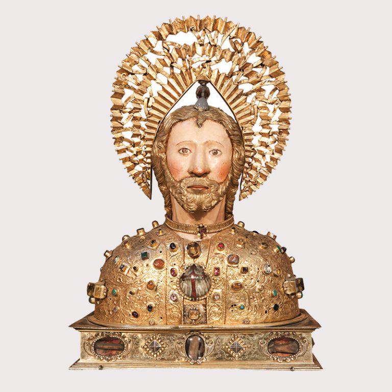 Attributed to Rodrigo Eans, Reliquary Bust of Santiago Alfeo, 1332. Gilt silver, precious stones, enamels, and polychromy, 29 1/8 x 20 1/8 × 11 3/4 in. (74 x 51 x 30 cm). Photo: © Fundación Catedral de Santiago.