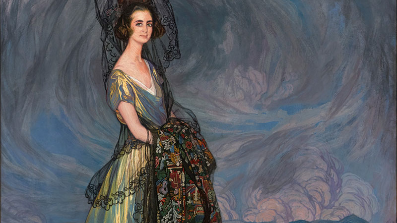 Duchess of Arion: painting of a youngish white woman with brown hair pinned up, wearing period Spanish dress with black lace mantilla on head against a swirling bluish purple background