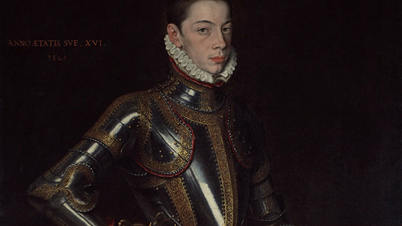 Alessandro Farnese: painting of a young man in period Spanish dress with high white ruff around neck, and wearing armor, against black background
