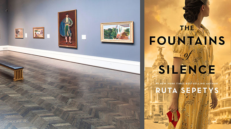 Book Cover: The Founains of Youth showing a young woman with her head turned away in 1940s dress against the backdrop of a golden cityscape next to a gallery photo showing paintings hanging on a blue wall